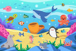 卡通海洋鲸鱼海底动物珊瑚背景墙