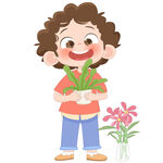 孩子抱绿植花盆花朵儿童卡通插画