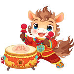 马年春节新年小马驹敲鼓打鼓庆祝