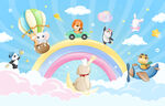 可爱动物卡通彩虹云朵儿童背景墙