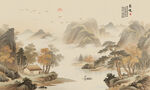 新中式古风国画山水背景墙壁画