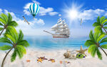 蓝天大海沙滩椰树背景图