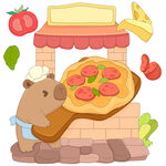 卡皮巴拉烤火腿番茄披萨快餐插画