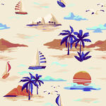 夏日海滨帆船与椰树风景