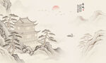 新中式阁楼山水壁纸壁画装饰画