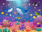 卡通鲨鱼海底鲸鱼动物珊瑚背景墙