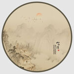 中式山水圆形水墨画意境