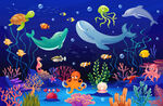 卡通鲸鱼海底世界动物珊瑚背景墙
