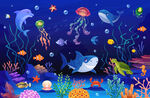 梦幻海洋动物卡通鲨鱼海底背景墙