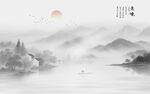 意境水墨山画背景壁画