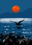 意境夕阳飞鸟海上风景手绘