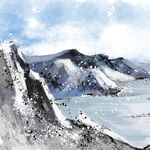 水墨风格的雪山湖泊美景