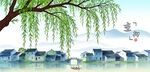江南水乡垂柳湖景图