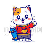 穿红衣玩滑板的可爱猫咪
