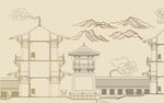 中式古建筑山水线稿图