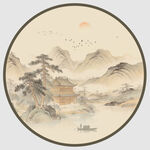 中式山水圆形国画意境图