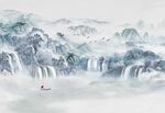 水墨山水间孤舟泛江景装饰画背景