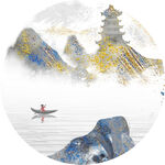 水墨山水间的孤舟与古塔