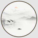 圆形水墨山水画