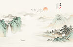中式屏风古风古典山水画背景壁画