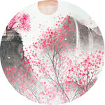 水墨樱花山水圆形画作
