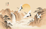 中国风仙鹤古风旭日山水背景图