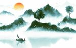 山水间孤舟伴落日背景墙