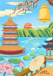 杭州地标手绘雷峰塔西湖