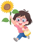戴眼镜女孩向日葵花奔跑夏天插画