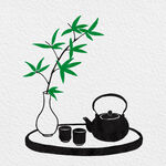 中式茶具与瓶插翠竹