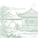 中式庭院园林线描图建筑线稿