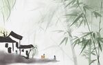 新中式绿竹房子背景墙