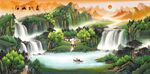 旭日山水瀑布风景画