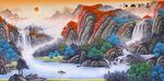旭日飞瀑山水国画