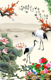 荷花仙鹤图