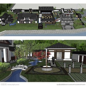 中式度假村花园景观建筑