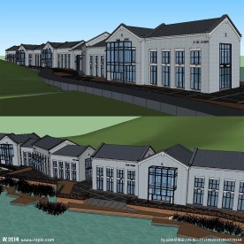 中式沿湖商业街建筑草