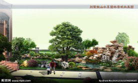 别墅假山水系绿化景观效果图