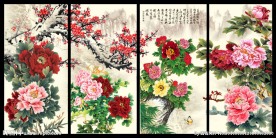 四条屏 牡丹