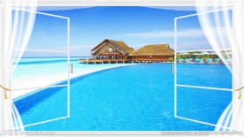 假窗窗帘地中海蓝天白云海景风光