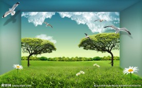 3D立体现代蓝天白云草地风景画