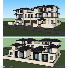 中式双拼别墅建筑草图大师SU