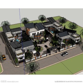 新中式别墅群落建筑草图模型