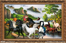 八骏图风景油画