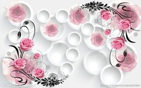 3D立体圆圈背景玫瑰花壁画