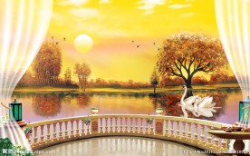 黄昏天鹅湖油画电视背景墙
