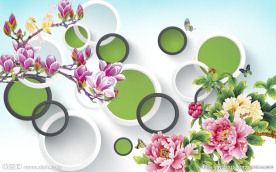 简约立体花鸟牡丹壁画背景墙