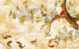 彩雕玉兰花鸟壁画背景墙