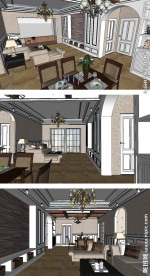 美式的客餐厅草图大师SU模型