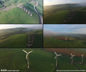 航拍绿色山头的风能发电风车视频